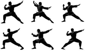 Set of Man Practicing Kung Fu Fight Silhouettes on White Background vector