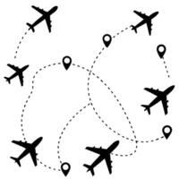 Set of Airplane Route Dashed Line Traces with Location Pins on White Background vector