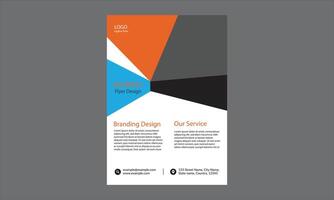 This is a business flyer design with a modern, geometric layout, using a combination of orange, blue, black, and white colors. vector