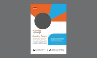 This is a business flyer design with a modern and dynamic layout, incorporating a mix of orange, blue, black, and white colors. vector