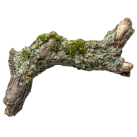 Old Woodland Tree Branch Decorated with Green Moss and Rough Texture Isolated on Transparent Background png