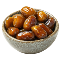 Shiny Golden Dates with Rich Glossy Texture Neatly Arranged in Ceramic Bowl png