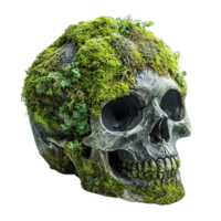 Ancient weathered skull reclaimed by nature featuring lush green moss isolated on transparent background png