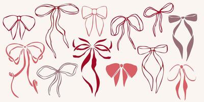 Hand drawn bows set with various shapes and ribbon styles. Minimalist red linear trendy sketch style illustration for fashion design, packaging, digital prints, invitation, scrapbooking, logo vector