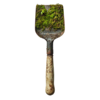 Old, Weathered Trowel with Rust and Moss Highlighting Long-Term Use on Transparent Background png