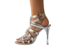 Glamorous Silver Metallic Gladiator Stiletto Sandals with Multiple Straps Isolated on Transparent Background png