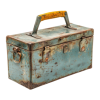 Old industrial metal tool box with distressed surface and rugged look isolated on transparent background png