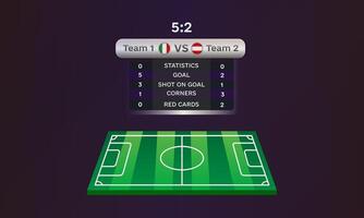 Football match scoreboard with team statistics and green soccer field illustration on dark background. Digital sports scoreboard template for design and print vector