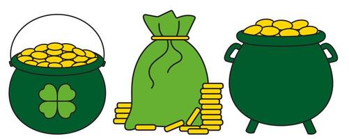 St. Patrick's Day, treasures, cauldron, full bag of gold coins, retro vintage style, set flat icon isolated on a white transparent background vector