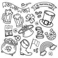 St. Patrick's Day icons,signs, stickers with shamrocks, pots of gold, hats, and rainbows, and other elements set in outline style perfect for coloring pages, educational, festive decorations. vector
