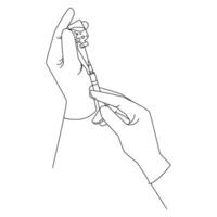 Hands of a doctor or cosmetologist collect a preparation from a syringe for injection Line Art logo, print, emblem. medical illustration of syringe preparation for vaccination Minimal Art vector