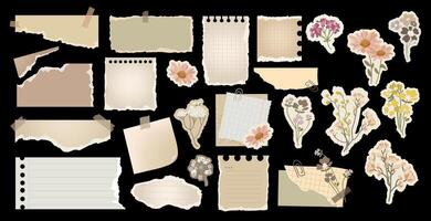 Old Torn paper notes vintage style,floral stickers Aesthetic collection for scrapbooking, journaling,digital planners, and creative designs,set elements.Retro Notebook Paper Pieces illustration vector