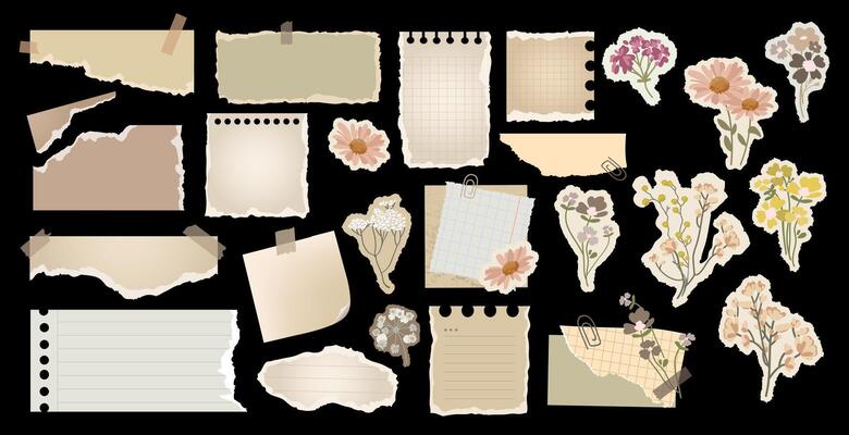 Old Torn paper notes vintage style,floral stickers Aesthetic collection for scrapbooking, journaling,digital planners, and creative designs,set elements.Retro Notebook Paper Pieces illustration