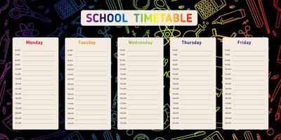 Colorful school timetable template from Monday to Friday with seamless background of outlined stationery icons, ideal for student planners, classroom materials, and educational resources. vector