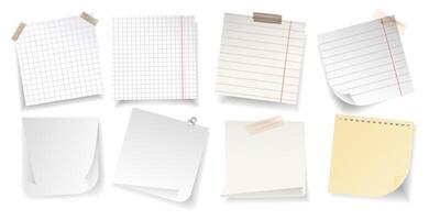 Blank paper notes with different textures, ribbons and curled corners realistic style collection, ideal for presentations, stationery design and educational materials. illustration vector