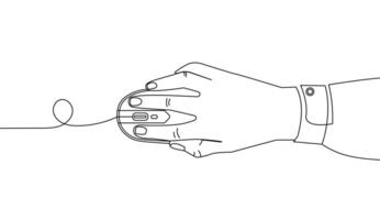 Minimalist line art of a hand using a wired computer mouse, symbolizing digital work, technology, and ergonomics. Suitable for office, IT, and business-related designs. illustration vector