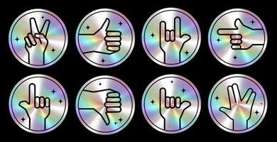 Holographic Hand gesture stickers icons set with holographic backgrounds, peace, thumbs up, pointing, sign language symbols for social media, digital communication, design projects. illustration vector