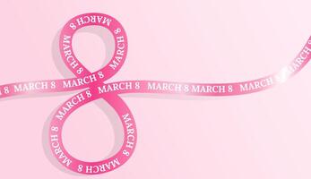 Pink ribbon forming the number 8 with text 8th March on soft pink gradient background representing International Women's Day. illustration for banner, website, holiday greeting cards, posters vector