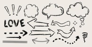 Hand drawn chalk or charcoal pencil doodle set featuring arrows, speech bubbles, symbols, and decorative elements in a sketchy style. Perfect for creative design,artistic projects. illustration vector