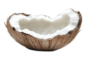 Close-up of a Fresh Coconut Half with Fibrous Husk and White Flesh on a Transparent Background png