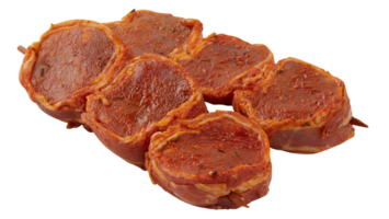 Pork marinated in red sauce on skewers cut out isolated transparent background png