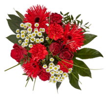 Red flower bouquet, top view cut out isolated transparent background png