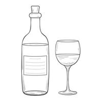 Simple outlined illustration of a wine bottle and a wine glass. Corked bottle of wine and a filled glass of wine hand drawn doodle illustration for design. coloring pages, books, articles, menu vector
