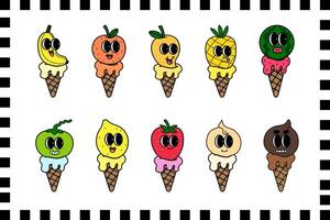 Whimsical retro groovy cartoon character Ice cream cone dessert menu food art vector