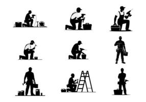 Skilled Tradesmen Silhouette Set Working on Various Tasks vector