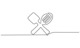Continuous One line drawing of crossed spatula and whisk, perfect for cooking or baking designs. vector