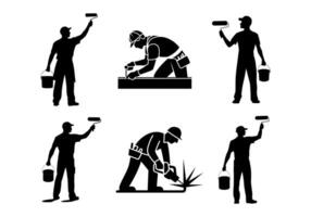 Silhouette of Construction Workers Performing Various Tasks vector