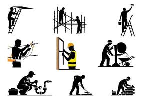 Collection of silhouette illustrations showcasing various construction workers performing different tasks. vector