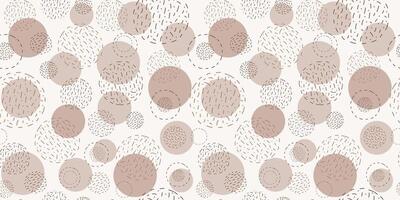 Abstract geometric seamless pattern. Shapes, strokes, spots, circles. Balls of thread. Simple texture. Repeating graphic background for wallpaper, packaging, textile in colors of 2025, mocha mousse. vector