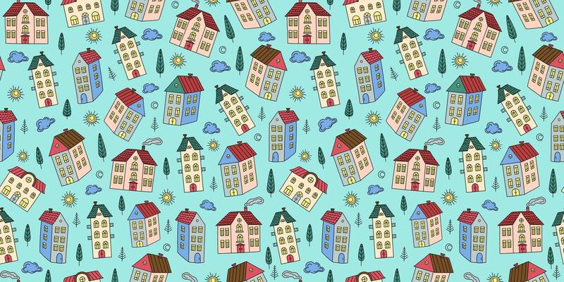Cute colorful old houses, seamless pattern. Hand drawn cartoon city, trees, clouds, sun. Drawing, doodle. Architecture, construction. Repeating background for textile, wallpaper.