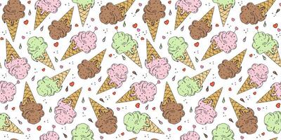 Drawings, doodle ice cream pattern. Food, dessert. Multicolored ice cream in a waffle cone. Hand drawn linear icon. Seamless repeating background. vector
