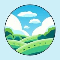 A illustration of a scenic landscape in day, featuring rolling green hills, trees, and a bright sky with clouds vector