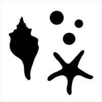 silhouette of shells, starfish and bubbles. Illustrations of the sea underwater world drawn with black ink. Black outline icon of shell and mollusks vector