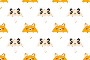 Kids Seamless pattern of various umbrellas. Open, folded, and closed umbrellas. Parasols for rainy weather. Rain protection accessories. vector