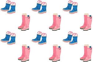 Pink and blue Seamless pattern of various rubber boots different color and shape. Rainy weather Shoes vector