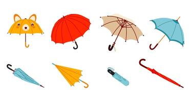Various umbrella set. Open, folded, and closed umbrellas. Parasols for rainy weather. Rain protection accessories. vector