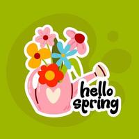 Hello spring and pink watering can filled with blooming spring flowers on a green background vector