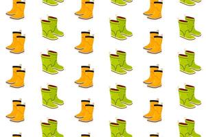 Seamless pattern of green and yellow rubber boots different color and shape. Rainy weather Shoes vector