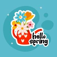 Red watering can with heart patterns filled with blooming spring flowers on a blue background vector