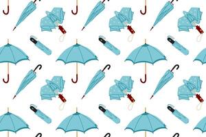 Blue Seamless pattern of various umbrellas. Open, folded, and closed umbrellas. Various positions. Parasols for rainy weather. Rain protection accessories. vector