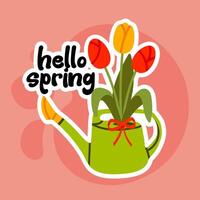 Hello spring and green watering can filled with blooming spring flowers on a pink background vector