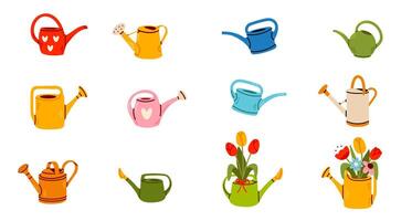 Set of multicolored cartoon watering cans isolated from the background. Clipart collection of gardening tools. Hand-drawn flat elements for stickers. vector