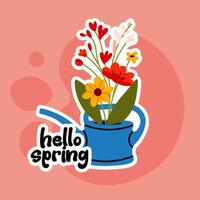Vibrant blue watering can filled with colorful spring flowers on a peach background vector