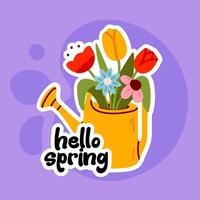 Cheerful yellow watering can bursting with spring blooms on a purple background vector