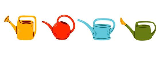 Set of multicolored watering cans isolated on white background. Clipart collection of gardening tools. Hand-drawn flat elements for stickers. vector