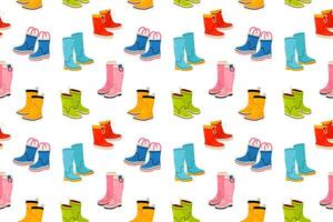 Seamless pattern of various Multicolored rubber boots different color and shape. Rainy weather vector